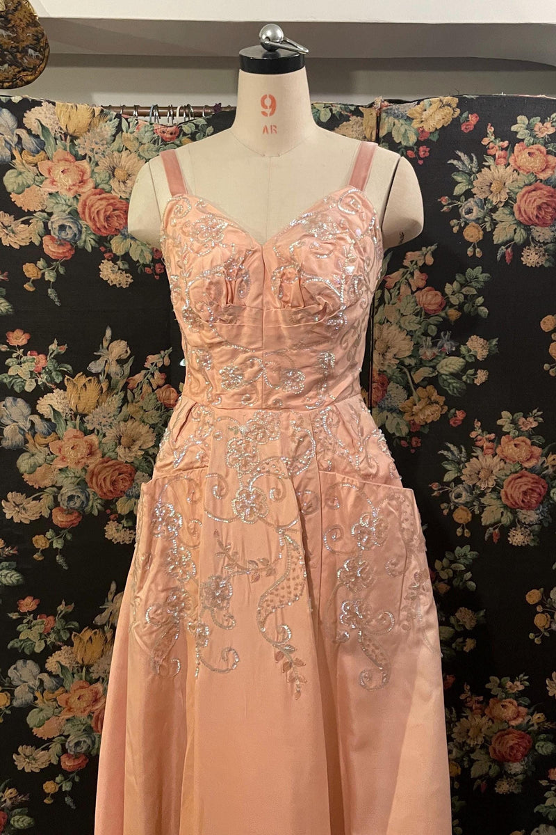Pretty 1950's baby pink sequinned gown by Jewsbury co, Vintage